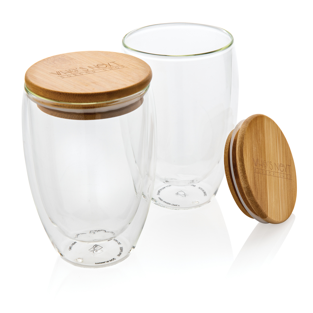 XD Collection Borosilikatglas-Set 350 ml mit Bambusdeckel, bedruckbar