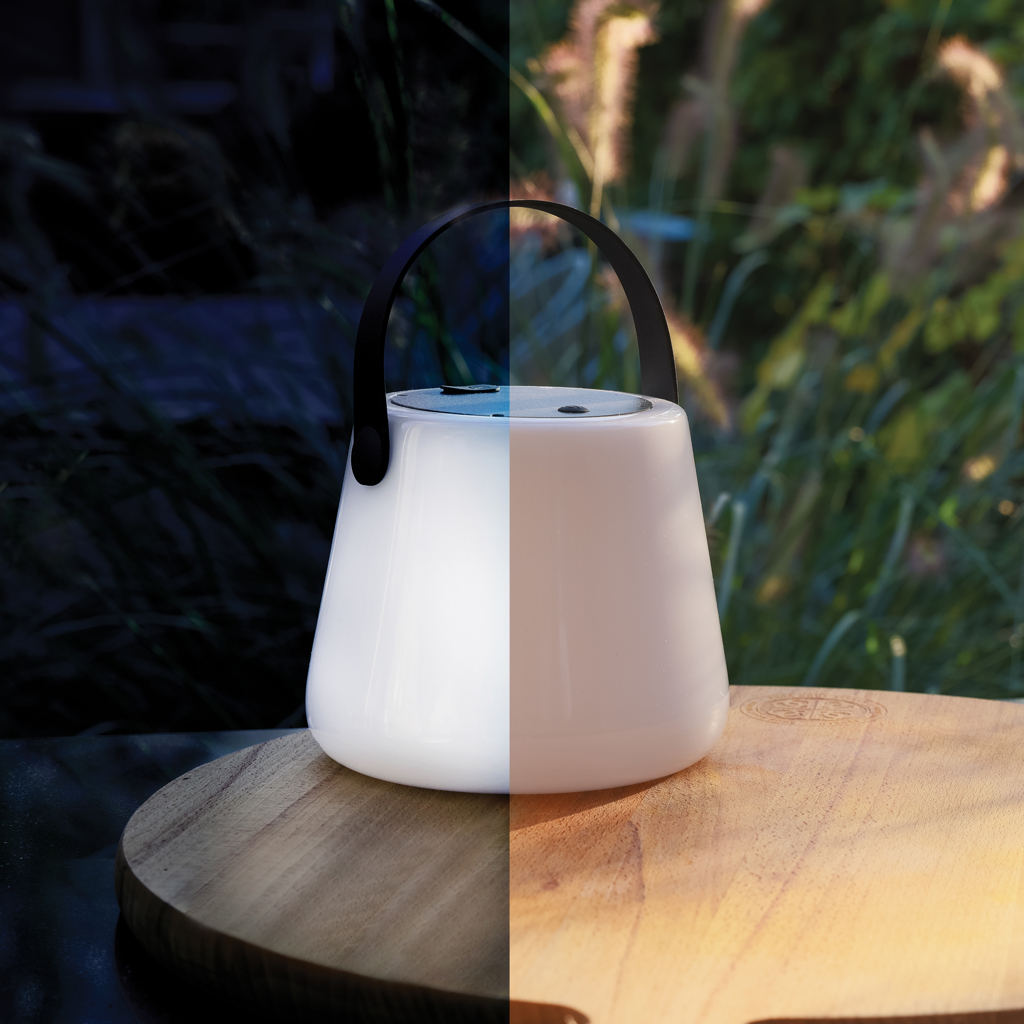 SolarGlow LED-Solartischleuchte aus RCS-recyceltem Kunststoff mit USB-C, bedruckbar
