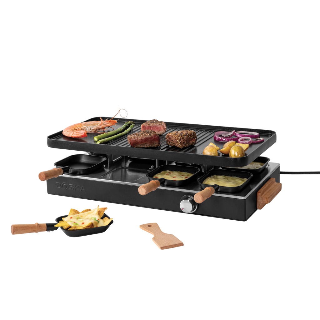Boska Raclette Gourmet Party für 8 Personen – Edelstahl & Holz, mit Logo-Gravur