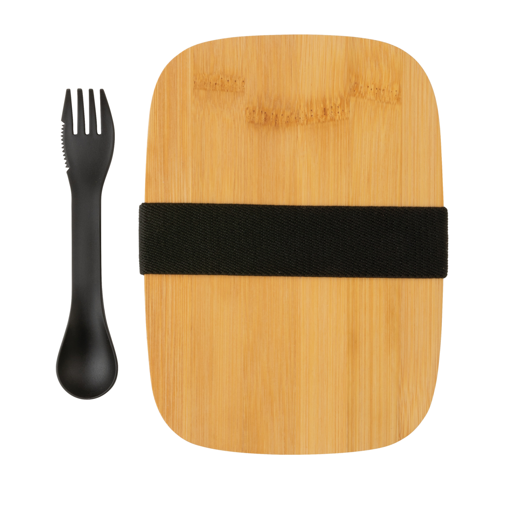 XD Collection Edelstahl-Lunchbox mit Bambus-Deckel und Göffel, 0,9 l – bedruckbar