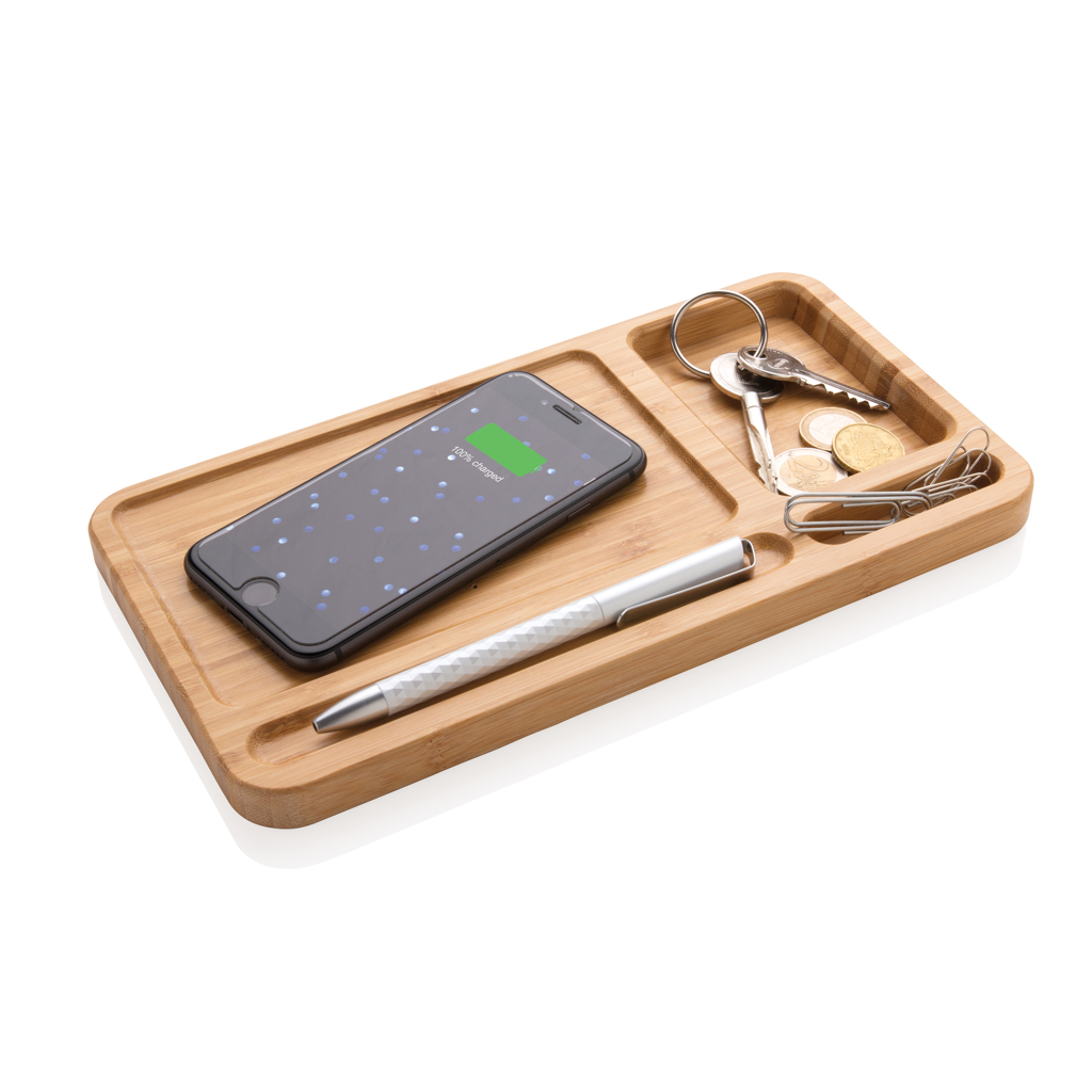Bambus Schreibtisch-Organizer mit QI 5W Ladefläche – braun