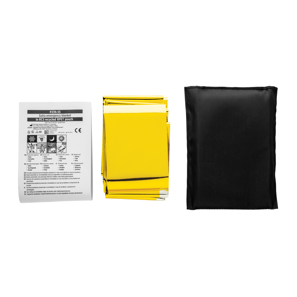 Solra Rettungsdecke aus PET-Mylar mit RCS-rPET-Tasche, bedruckbar Solra Rettungsdecke aus PET-Mylar mit RCS-rPET-Tasche, bedruckbar