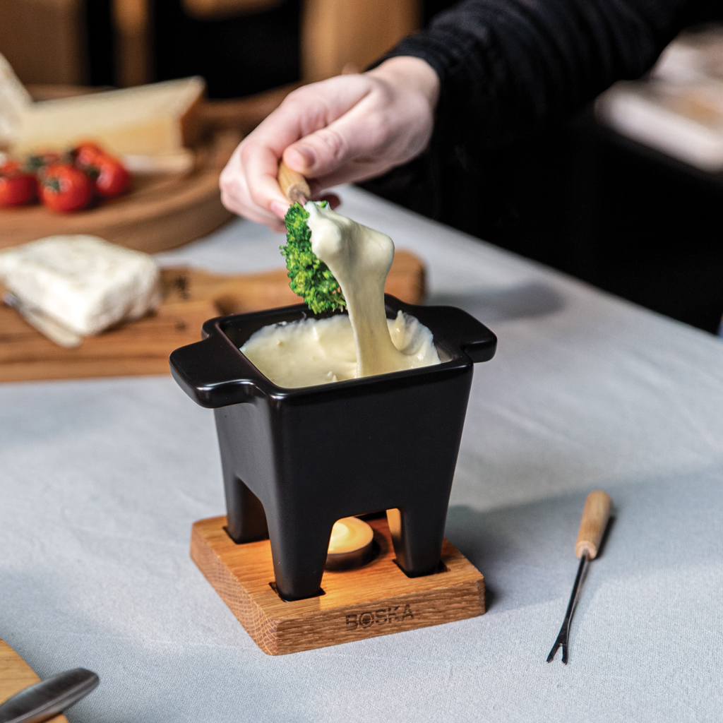 BOSKA Tapas Fondue Nero 300 ml — Keramik-Fondue-Set für zwei, mikrowellengeeignet, mit Logodruck