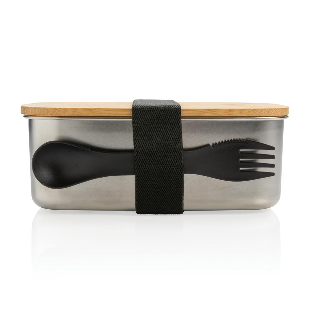 XD Collection Edelstahl-Lunchbox mit Bambus-Deckel und Göffel, 0,9 l – bedruckbar XD Collection Edelstahl-Lunchbox mit Bambus-Deckel und Göffel, 0,9 l – bedruckbar