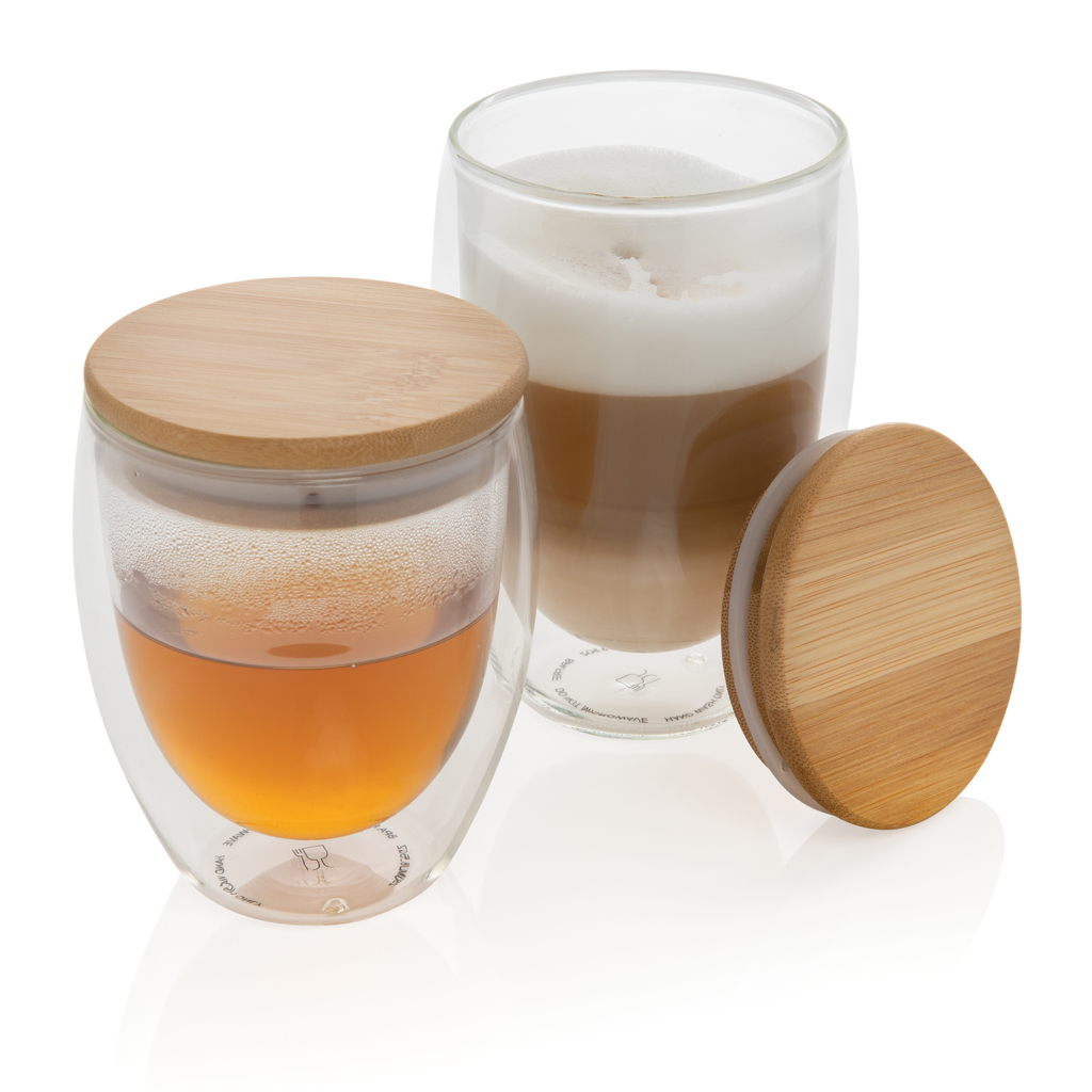 XD Collection 2-tlg. Borosilikatglas-Set 250 ml mit Bambusdeckel — bedruckbar