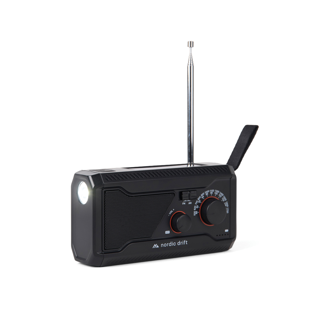 Nordic Drift Titan Notfallradio IPX4 mit Handkurbel, Solarpanel und 4000-mAh-Powerbank – mit Logo bedruckbar