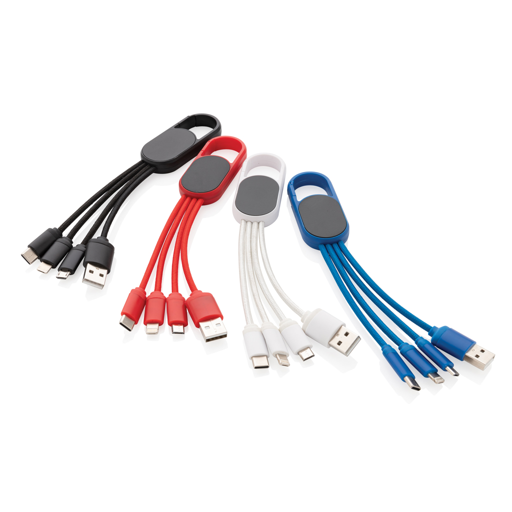 4-in-1 Ladekabel mit Karabiner-Clip — XD Collection (Werbeartikel mit Logo)