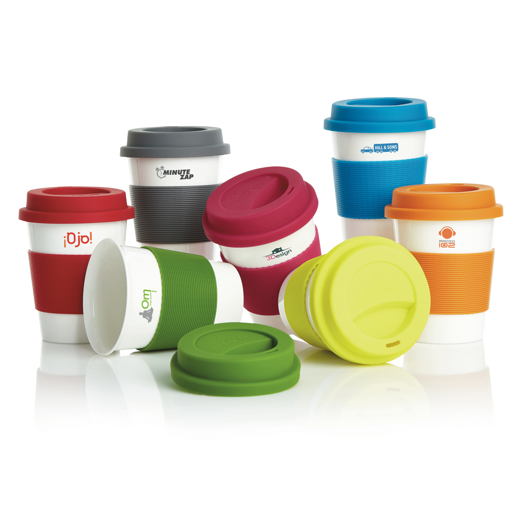 ECO PLA Kaffeebecher 350 ml mit Silikongriff – bedruckbar