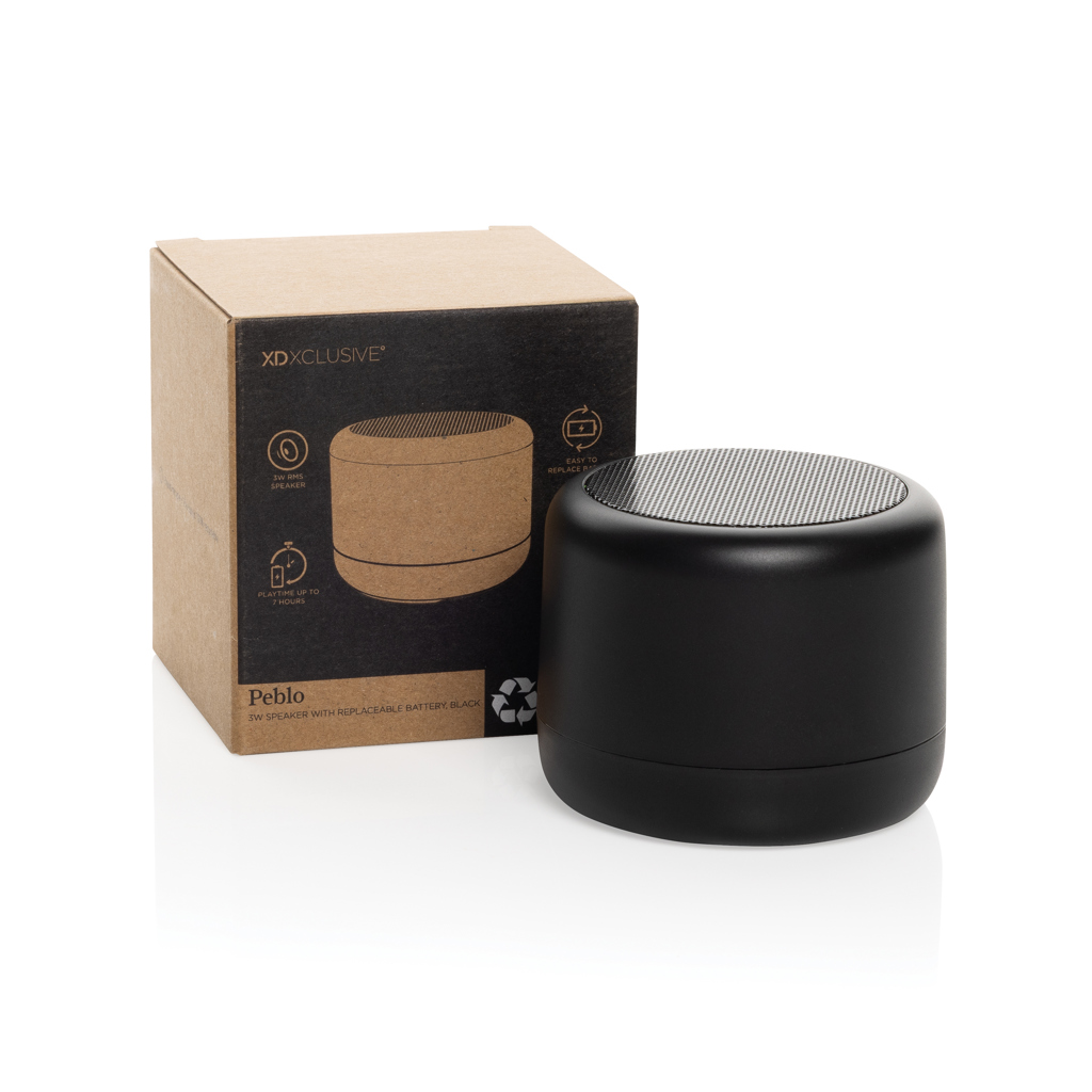XD Xclusive Peblo 3W Bluetooth-Lautsprecher aus recyceltem ABS mit austauschbarem Akku, mit Logo bedruckbar