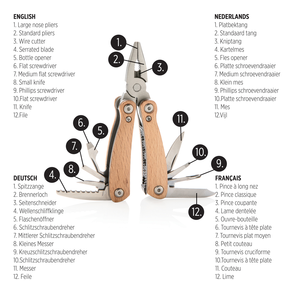 XD Collection Holz Mini-Multitool – 12-in-1 mit Buchengriff, veredelbar mit Lasergravur oder Tampondruck