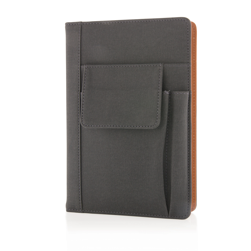 XD Collection Notizbuch mit Telefontasche – PU A5, schwarz, mit Logo bedruckbar XD Collection Notizbuch mit Telefontasche – PU A5, schwarz, mit Logo bedruckbar