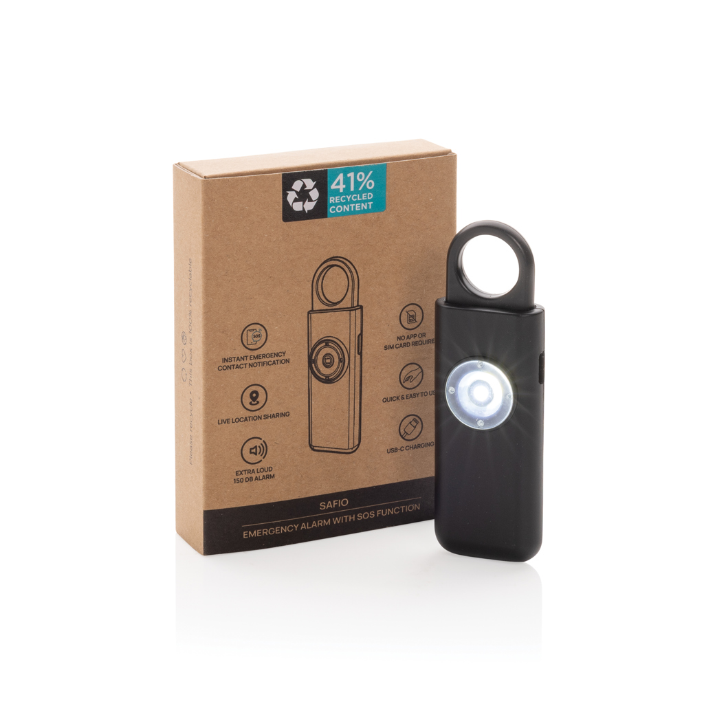XD Collection Safio Personenalarm mit SOS-Funktion und 150 dB, wiederaufladbar, mit Logo bedruckbar