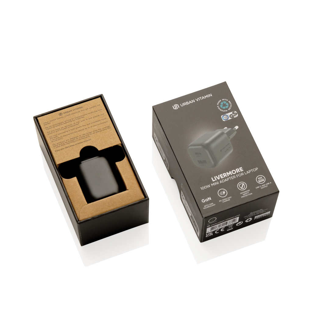 Urban Vitamin Livermore 100W GaN-Ladegerät mit USB-C und USB-A – mit Logo bedruckbar