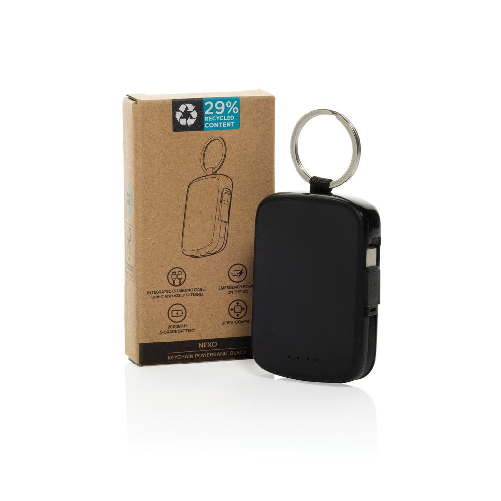 XD Collection Nexo Schlüsselanhänger-Powerbank 2.000 mAh mit Lightning- und USB-C-Kabel – bedruckbar