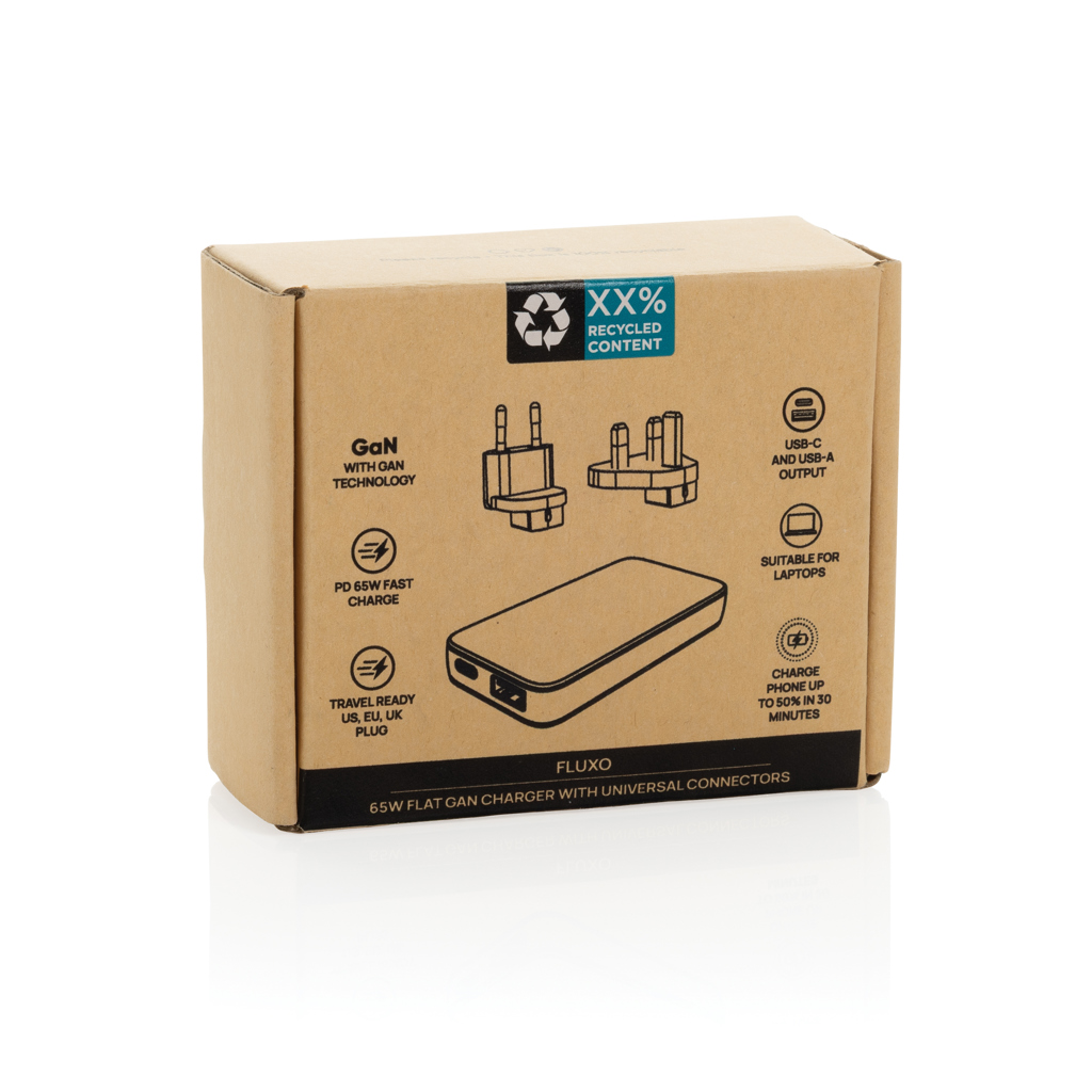 XD Collection Fluxo flaches 65W GaN-Ladegerät mit Stecker-Adaptern, bedruckbar