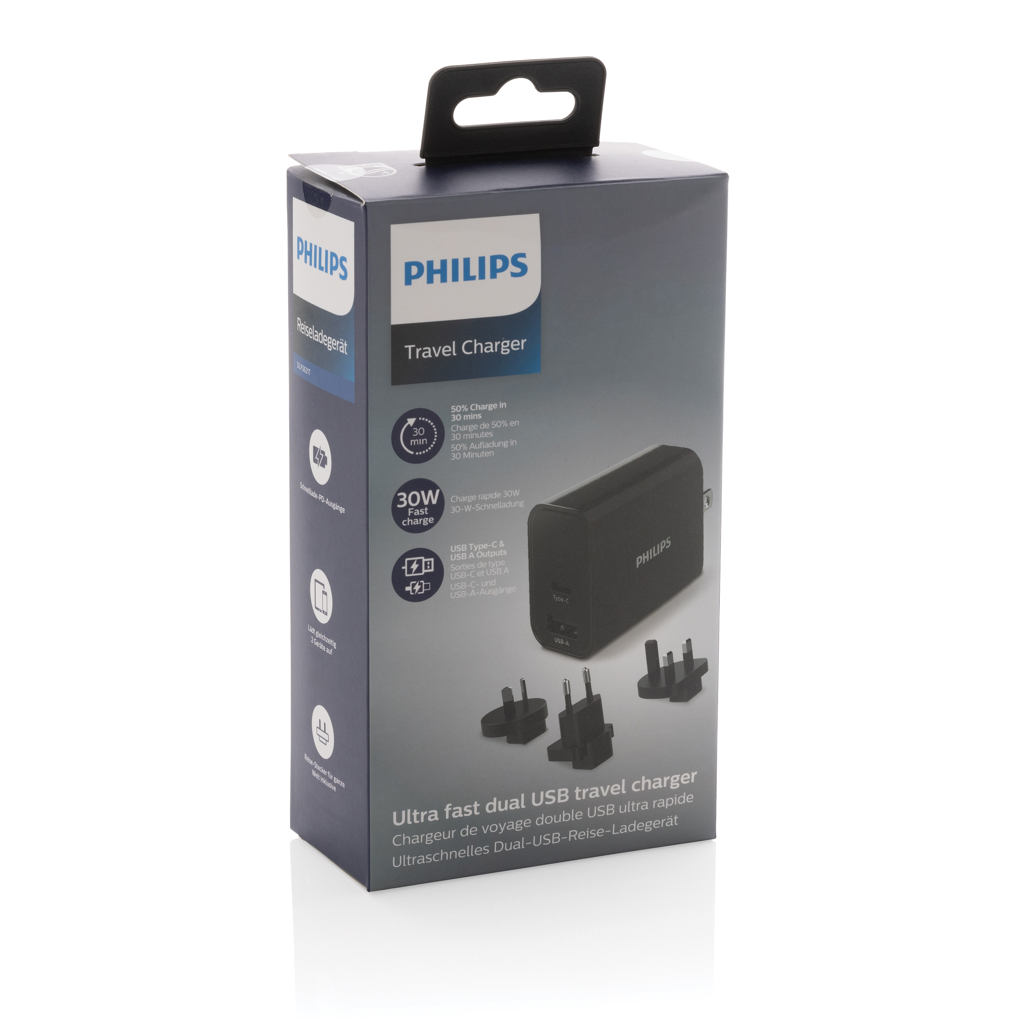 Philips USB-C PD 30W Reiseladegerät, 4 Stecker – schwarz Philips USB-C PD 30W Reiseladegerät, 4 Stecker – schwarz