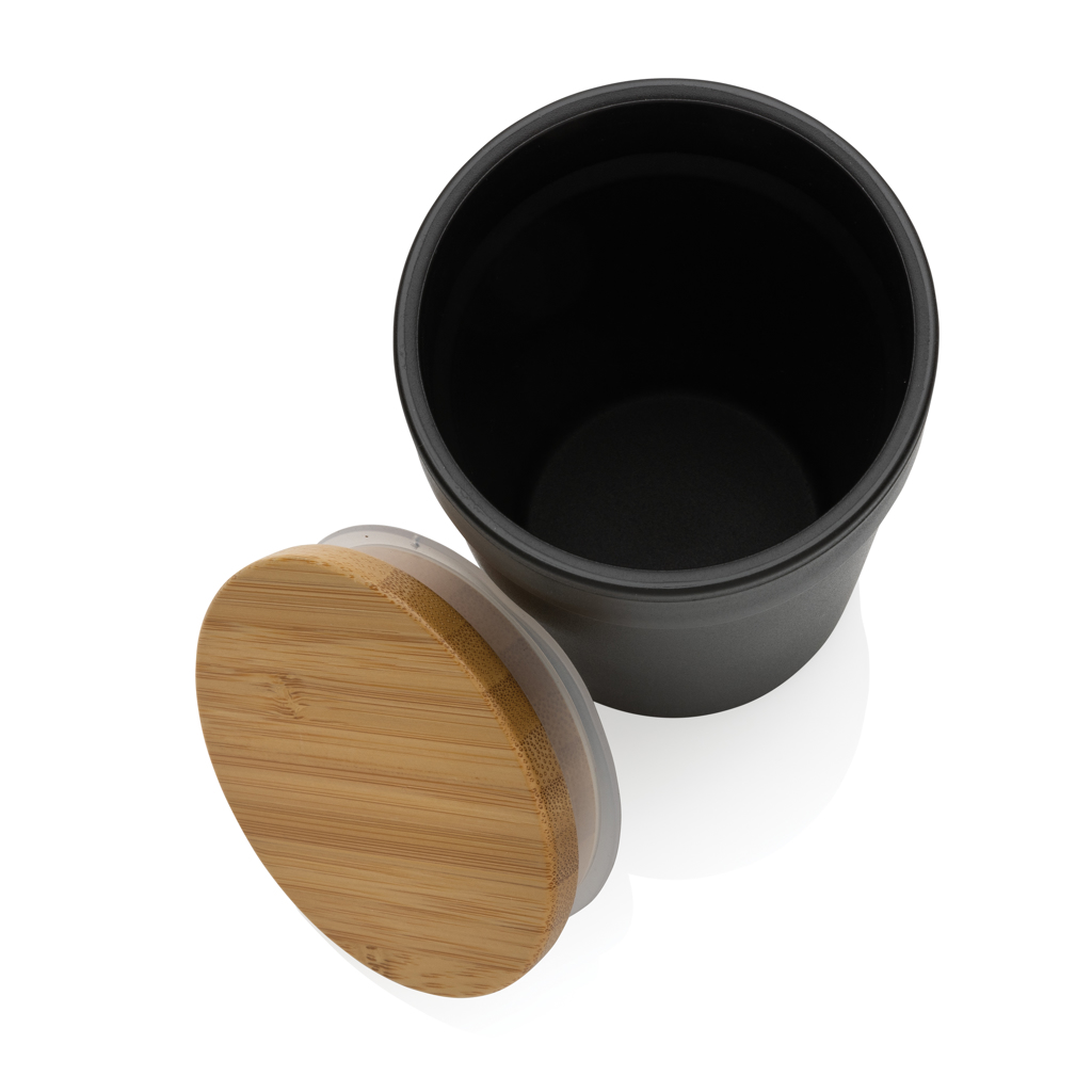 Becher PURE, weiß – Elegantes Event-Geschenk mit Bambusdeckel