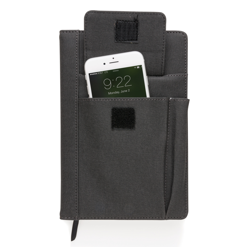XD Collection Notizbuch mit Telefontasche – PU A5, schwarz, mit Logo bedruckbar XD Collection Notizbuch mit Telefontasche – PU A5, schwarz, mit Logo bedruckbar
