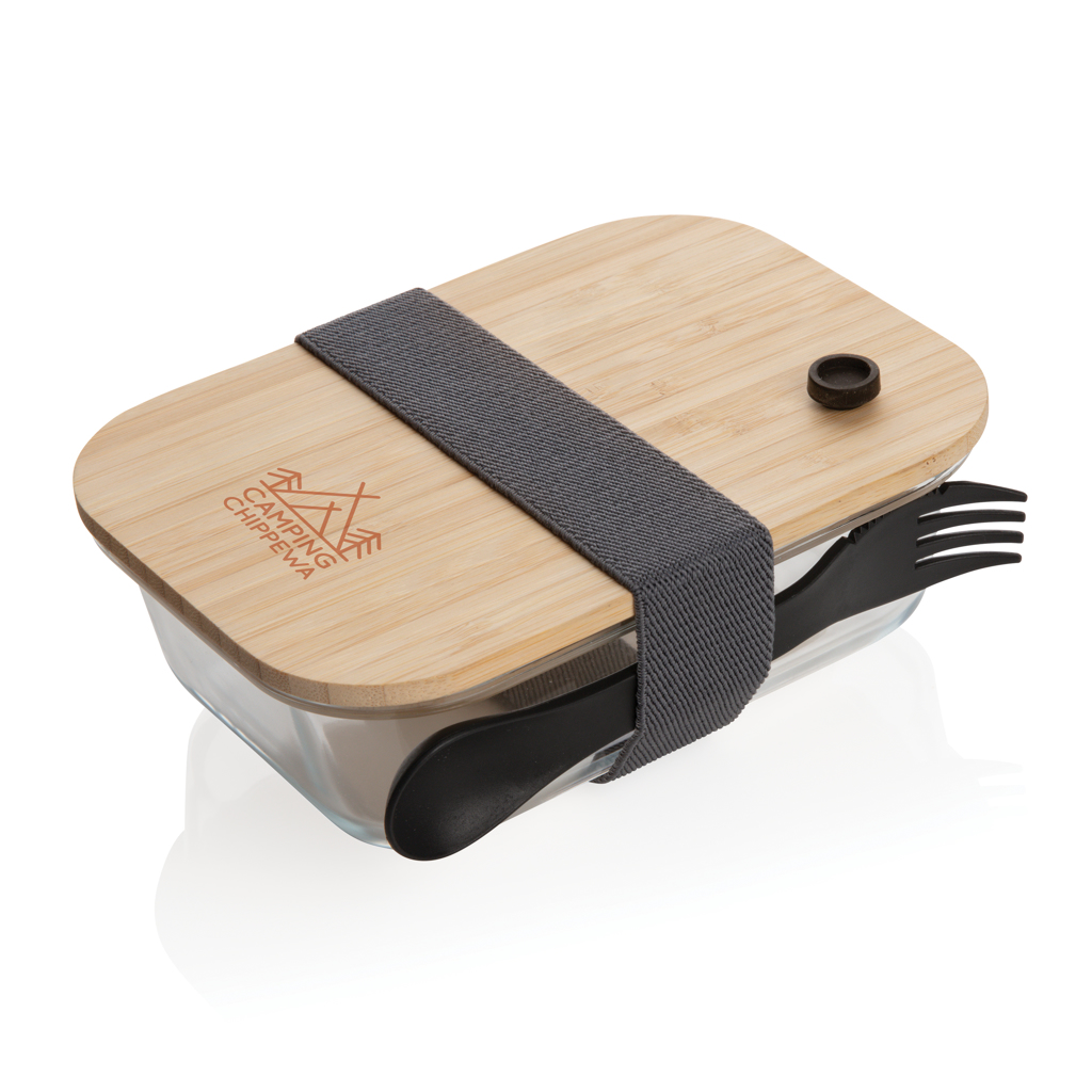 XD Collection Glas-Lunchbox mit Bambusdeckel und Göffel — bedruckbar XD Collection Glas-Lunchbox mit Bambusdeckel und Göffel — bedruckbar