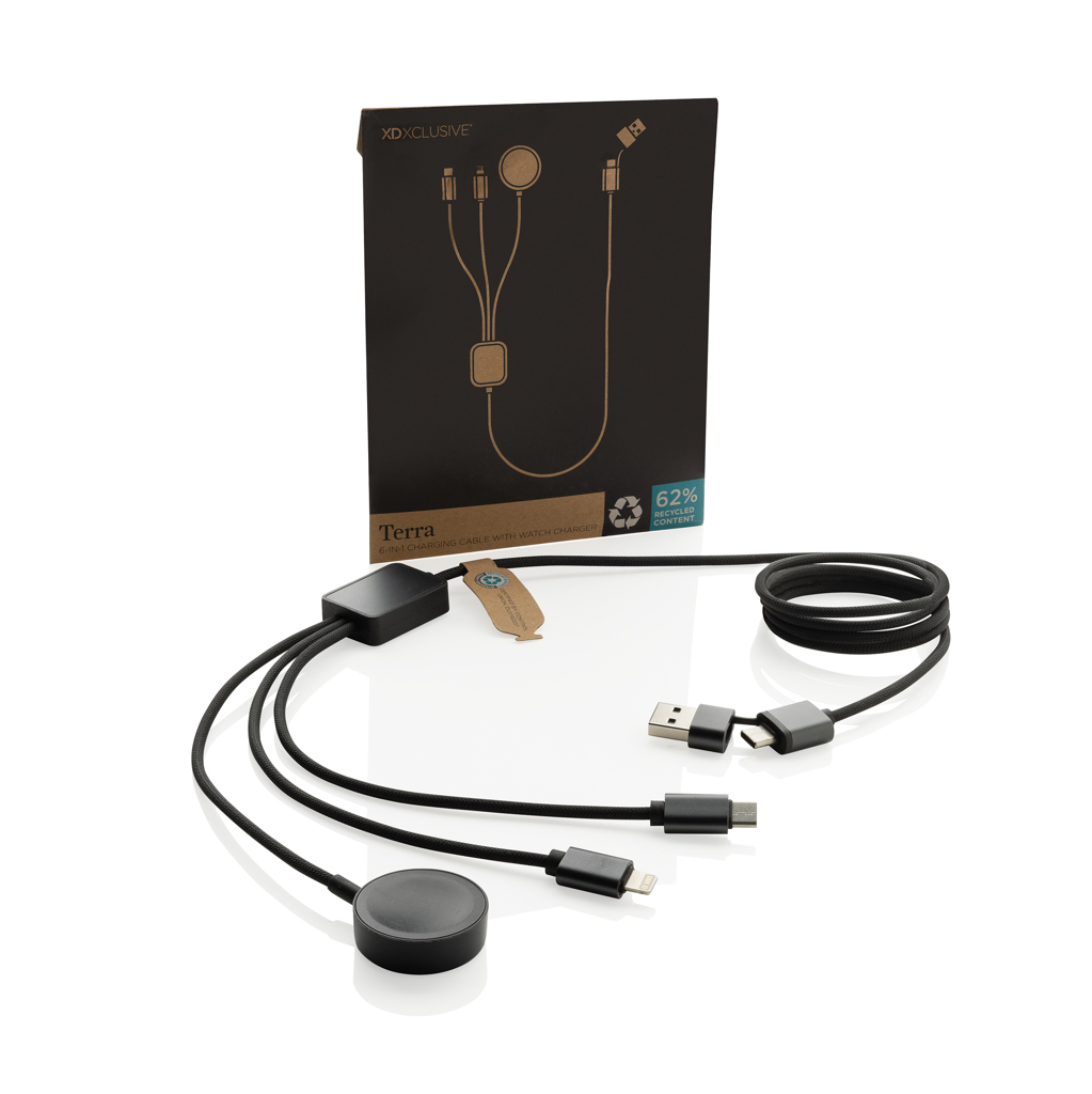 RCS-zertifiziertes 6-in-1 rPET-Ladekabel mit Uhrenlader grau