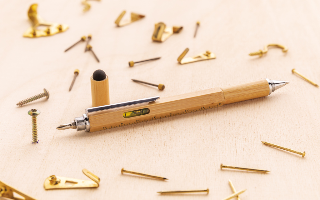 XD Collection 5-in-1 Bambus Tool-Stift mit Lineal, Wasserwaage und Stylus