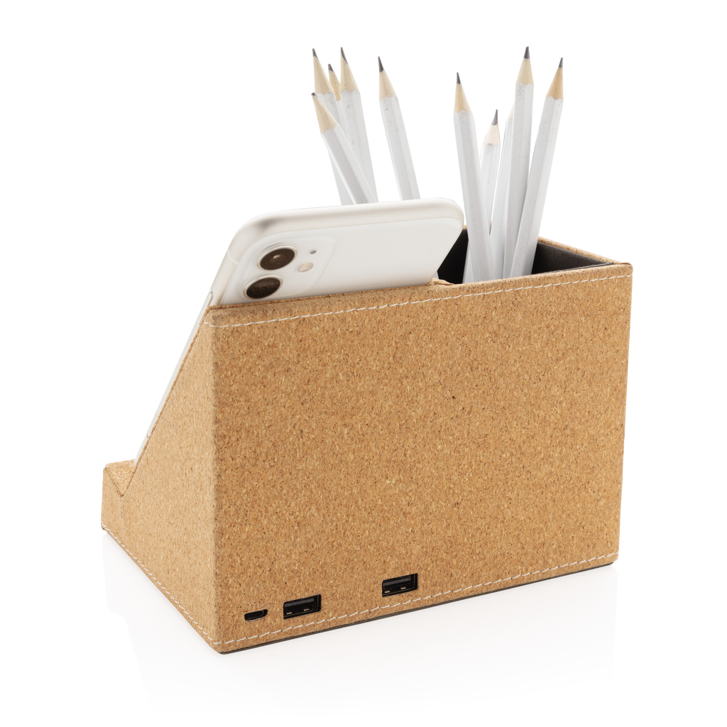 Kork Stiftehalter Qi 5W Charger, 2x USB-A, PVC-frei khaki