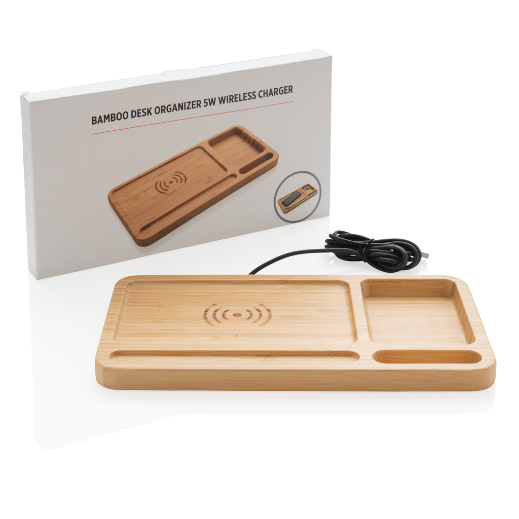 Bambus Schreibtisch-Organizer mit QI 5W Ladefläche – braun