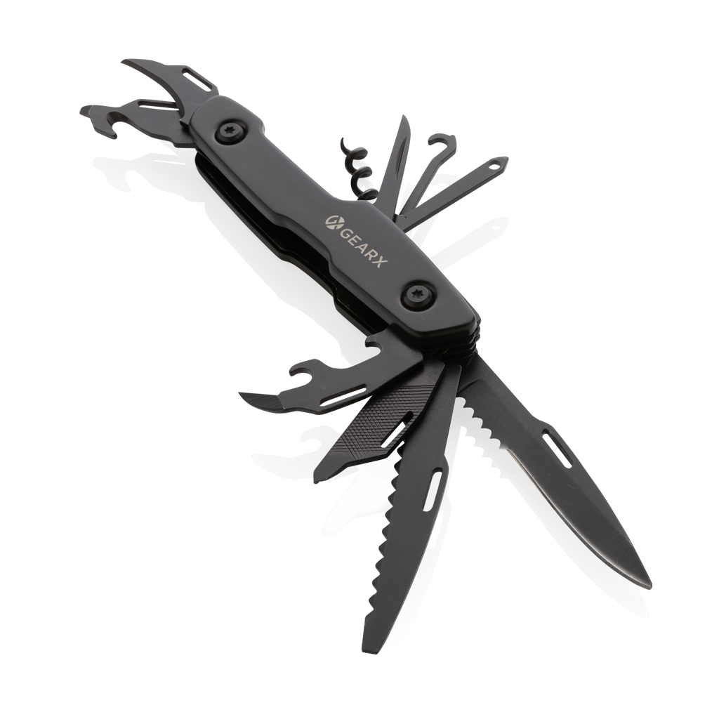 Gear X Multifunktions-Messer mit 13 Funktionen, Edelstahl, schwarz – gravierbar Gear X Multifunktions-Messer mit 13 Funktionen, Edelstahl, schwarz – gravierbar
