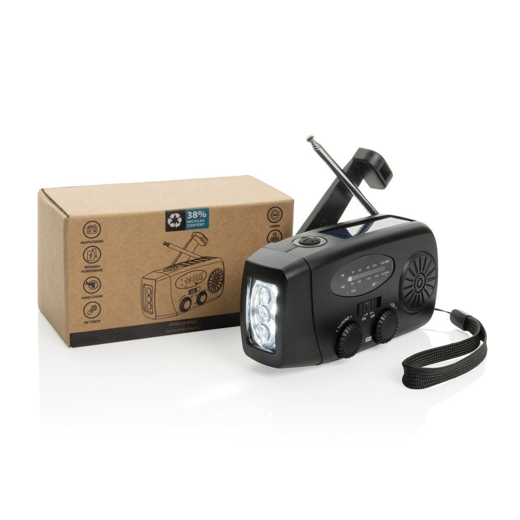 XD Collection RescueWave Notfallradio mit Solar, Handkurbel und Powerbank — ABS recycelt, bedruckbar