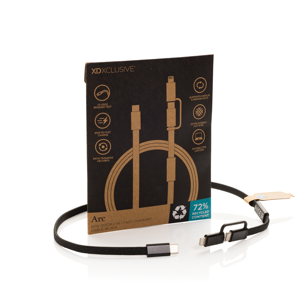 XD Xclusive Arc RCS 2-in-1 Schnellladekabel 60 W, USB-C und Lightning, 120 cm, mit Logo XD Xclusive Arc RCS 2-in-1 Schnellladekabel 60 W, USB-C und Lightning, 120 cm, mit Logo