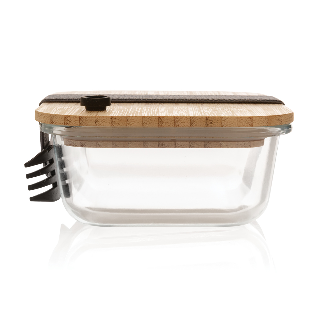 XD Collection Glas-Lunchbox mit Bambusdeckel und Göffel — bedruckbar
