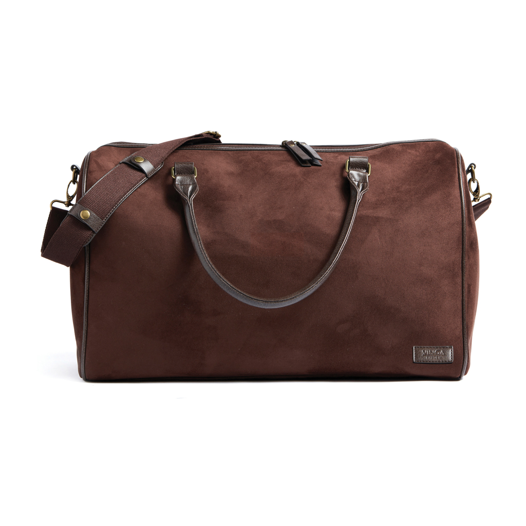 VINGA Hunton Weekendbag in Wildlederoptik mit Messingdetails — bedruckbar