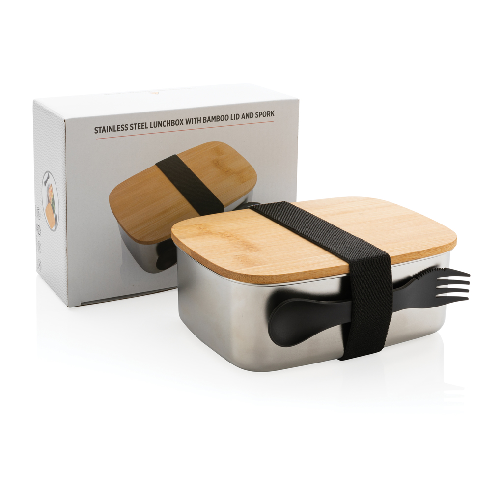 XD Collection Edelstahl-Lunchbox mit Bambus-Deckel und Göffel, 0,9 l – bedruckbar