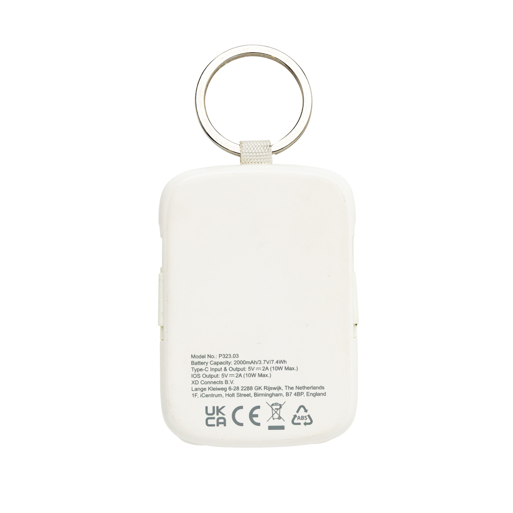 XD Collection Nexo Schlüsselanhänger-Powerbank 2.000 mAh mit Lightning- und USB-C-Kabel – bedruckbar