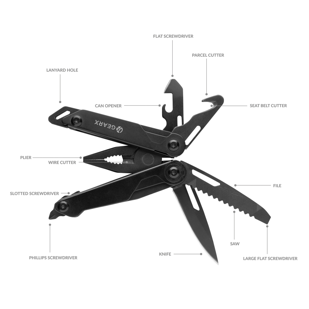 GearX Multitool 13 Funktionen mit Zange aus 420er Edelstahl, schwarz