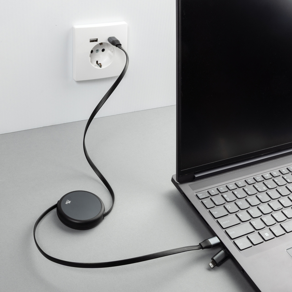 Terra 240W 2-in-1 Ladekabel ausziehbar aus RCS-recyceltem Aluminium mit Logo bedrucken