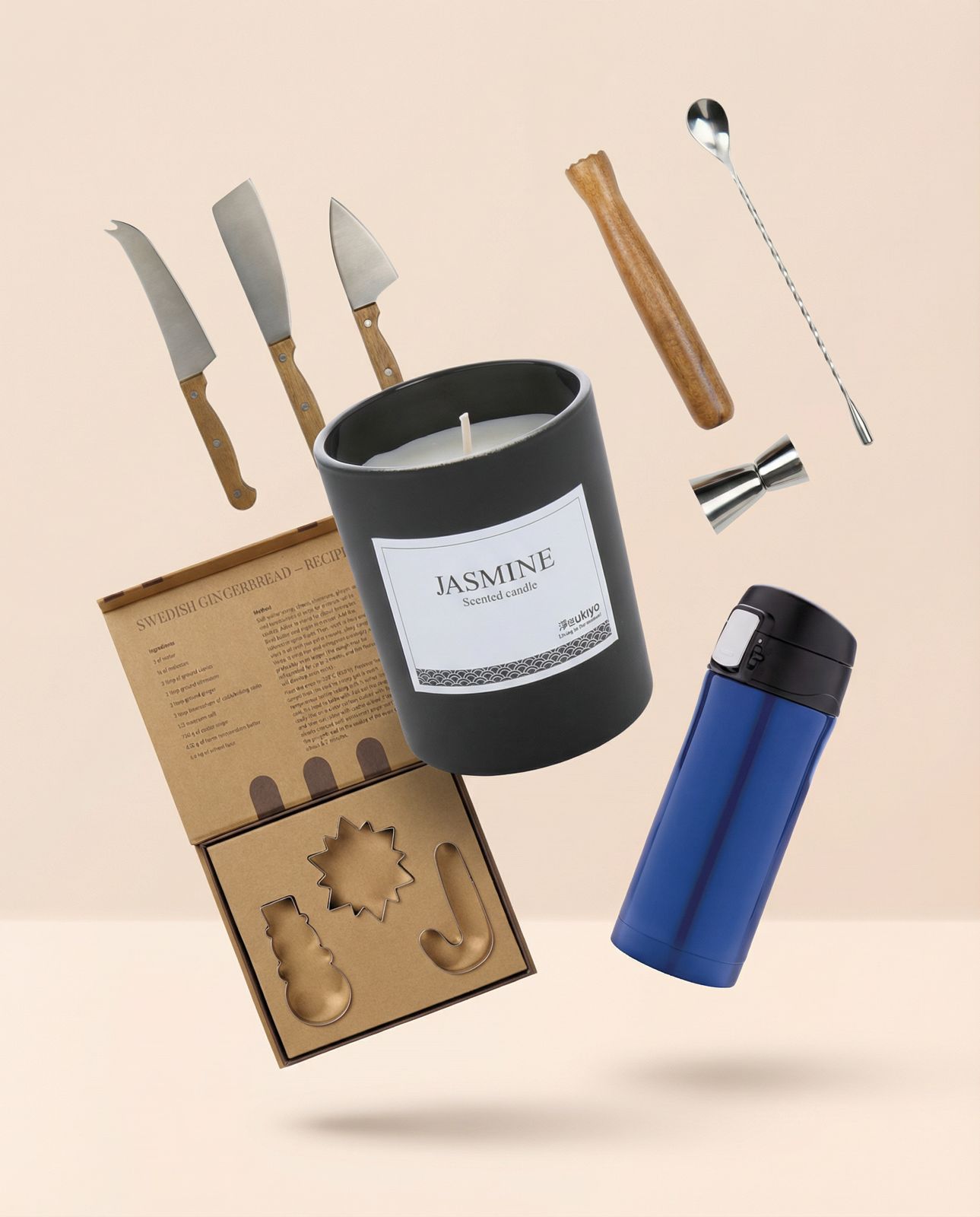 Geschenke zum Jubiläum: Duftkerze, Käsemesser-Set, Barzubehör, Backförmchen-Set und Thermobecher