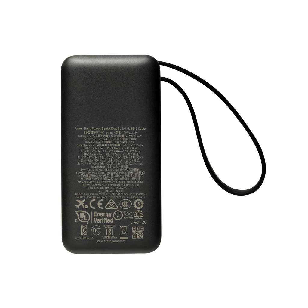 Anker Nano Powerbank 30W mit integriertem USB-C-Kabel – mit Logo bedruckbar