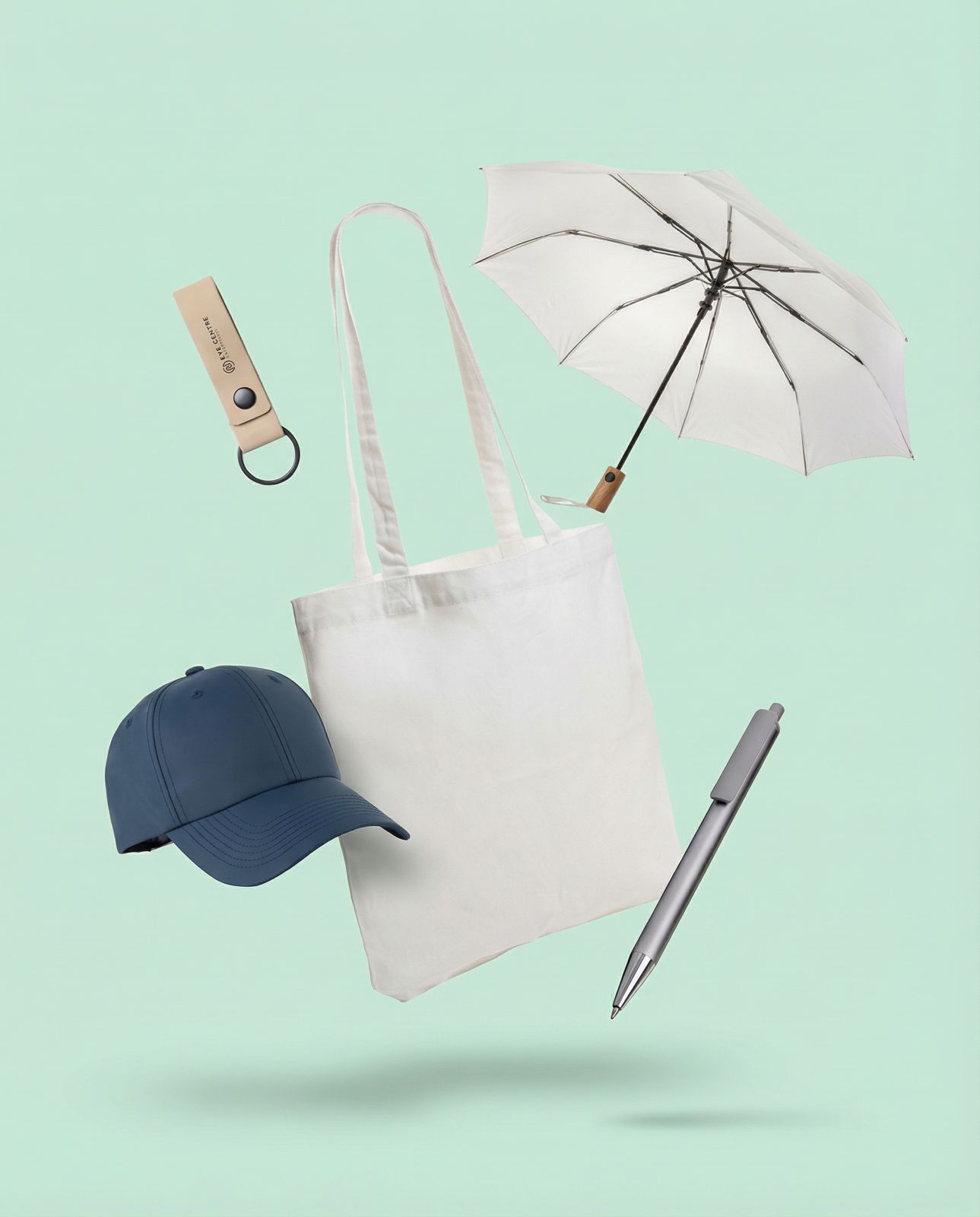 Messe-Werbeartikel: Stofftasche, Regenschirm, Basecap, Kugelschreiber und Schlüsselanhänger