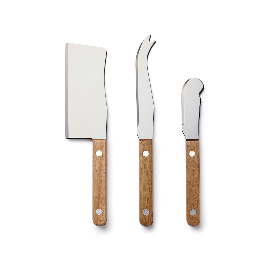 VINGA Veia Käse-Set aus Akazienholz mit drei Edelstahl-Käsemessern, mit Logo-Gravur