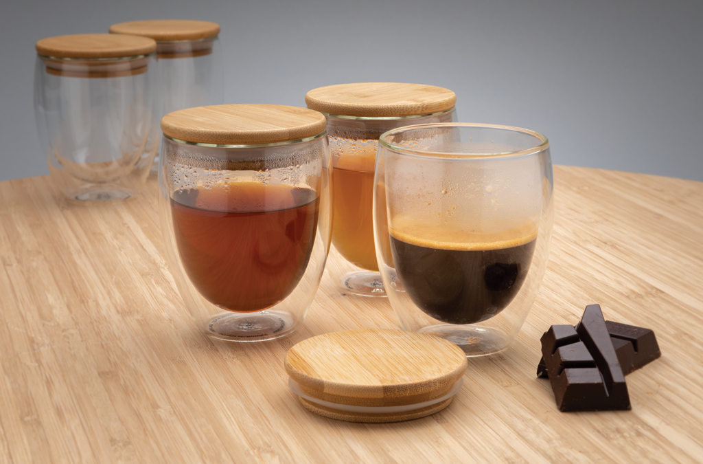 XD Collection 2-tlg. Borosilikatglas-Set 250 ml mit Bambusdeckel — bedruckbar