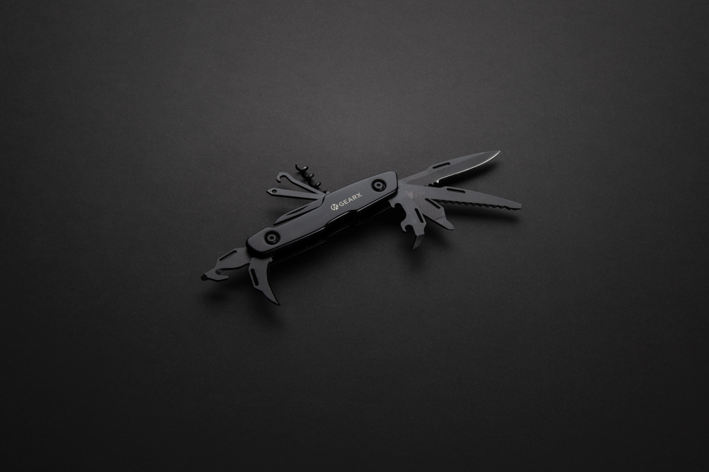 Gear X Multifunktions-Messer mit 13 Funktionen, Edelstahl, schwarz – gravierbar Gear X Multifunktions-Messer mit 13 Funktionen, Edelstahl, schwarz – gravierbar