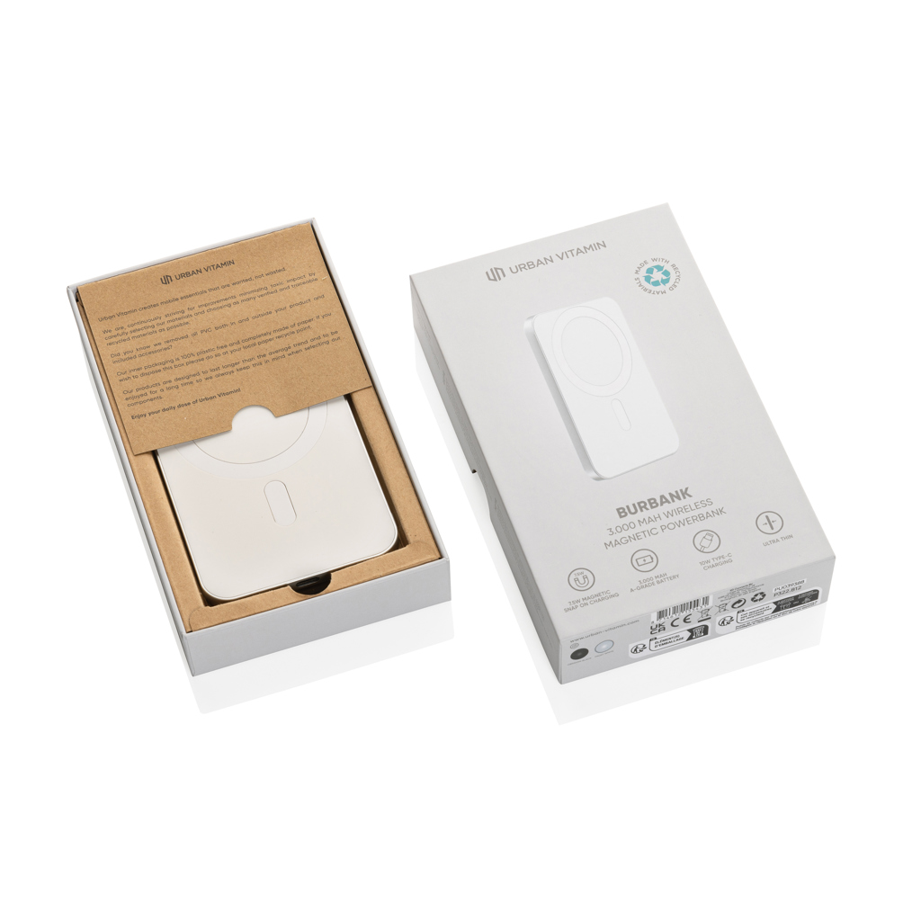 Urban Vitamin Burbank Magnet-Powerbank 3000mAh aus recyceltem Aluminium und ABS – bedruckbar als Werbegeschenk