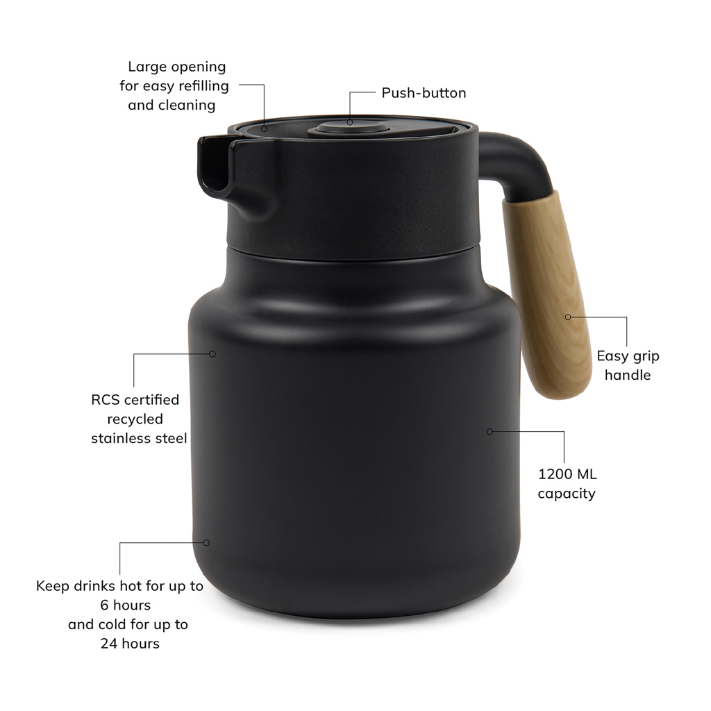 VINGA Arbe RCS Isolierkanne 1200 ml aus recyceltem Edelstahl – mit Lasergravur oder Tampondruck