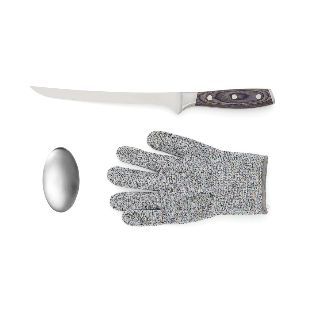VINGA Kaiser Filetierset mit Filetiermesser, Kettenhandschuh und Metallseife – mit Logo-Gravur veredelbar VINGA Kaiser Filetierset mit Filetiermesser, Kettenhandschuh und Metallseife – mit Logo-Gravur veredelbar