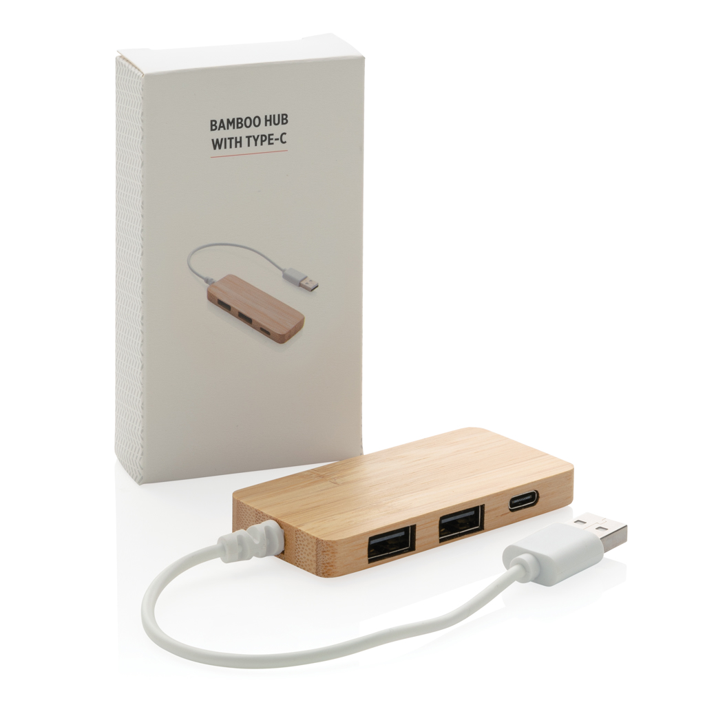 Bambus USB 2.0 Hub, 2x USB-A + USB-C, PVC-frei – braun