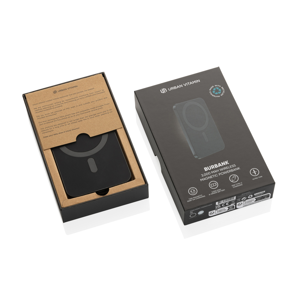Urban Vitamin Burbank Magnet-Powerbank 3000mAh aus recyceltem Aluminium und ABS – bedruckbar als Werbegeschenk