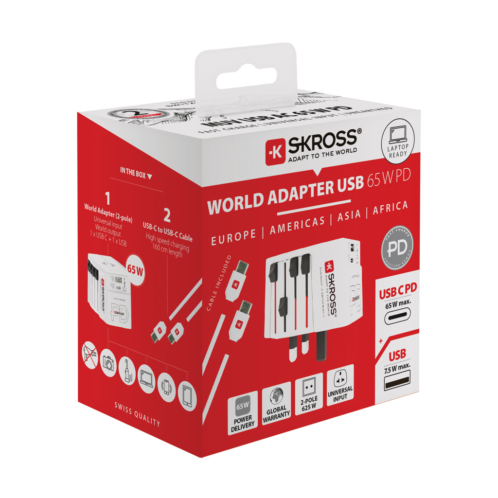 SKROSS 65W Reiseadapter USB‑C PD + USB, Kabel, weiß