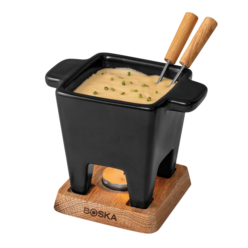 BOSKA Tapas Fondue Nero 300 ml — Keramik-Fondue-Set für zwei, mikrowellengeeignet, mit Logodruck