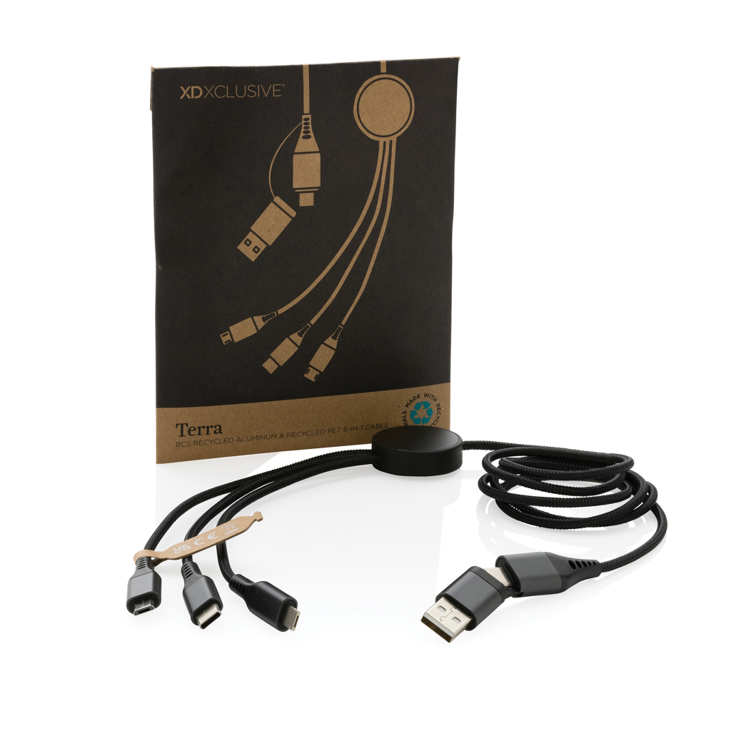 Terra 6-in-1 RCS-Aluminiumkabel 120cm – Vielseitiges Werbegeschenk mit Logo